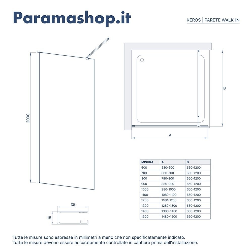 Paroi de douche à l'italienne 100 cm, verre fumé 8 mm anti-calcaire, h200, profilé noir | Keros - 8