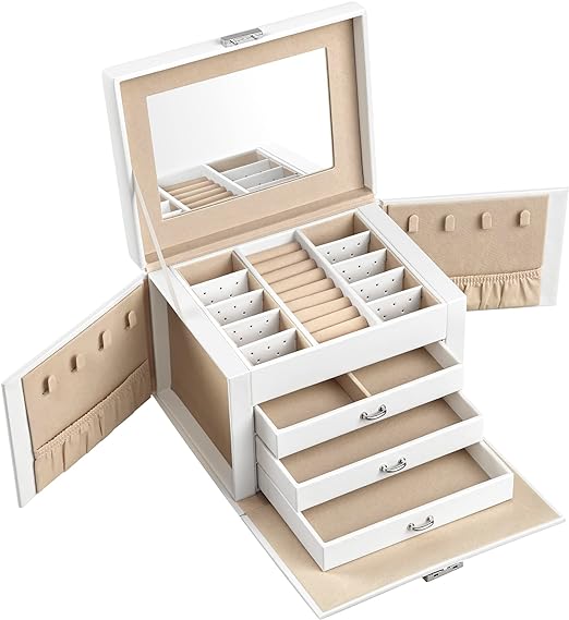 Boîte à Bijoux 4 Niveaux, avec Poignées, 3 Tiroirs, Miroir, Serrure, Rangement pour Bijoux pour Voyages, Blanc Classique