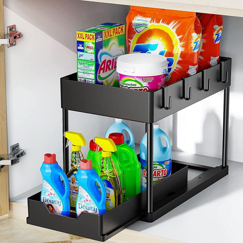 Organiseur coulissant à 2 niveaux sous évier, paniers de rangement en plastique, support de tiroir pour épices de cuisine et salle de bain - 2