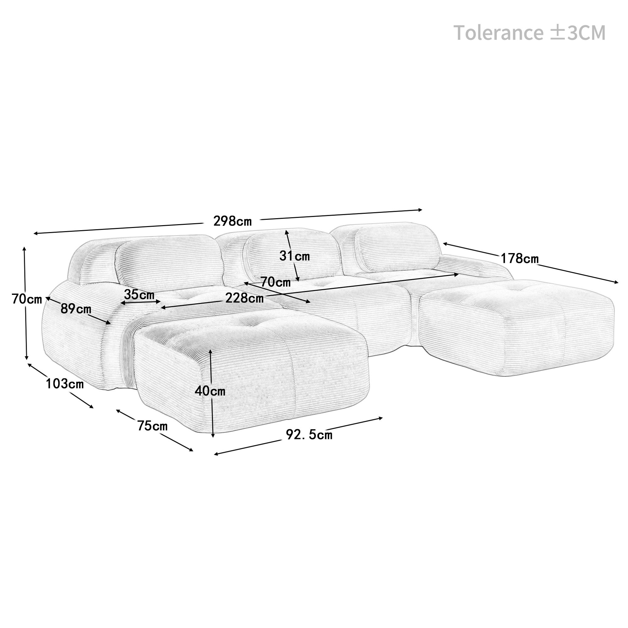 Canapé U modulable en tissu cord premium, Canapé d'Angle antidérapant, accoudoirs extra larges, rembourrage 32D, Canapé 3 Places Gris, sans montage - 9