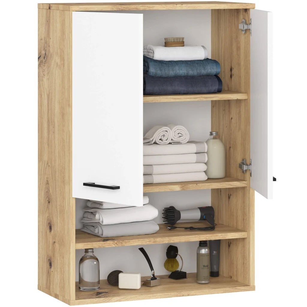Dulap baie suspendat pal 2 usi 2 rafturi, 64x30x94 cm, design modern, stejar artisan alb