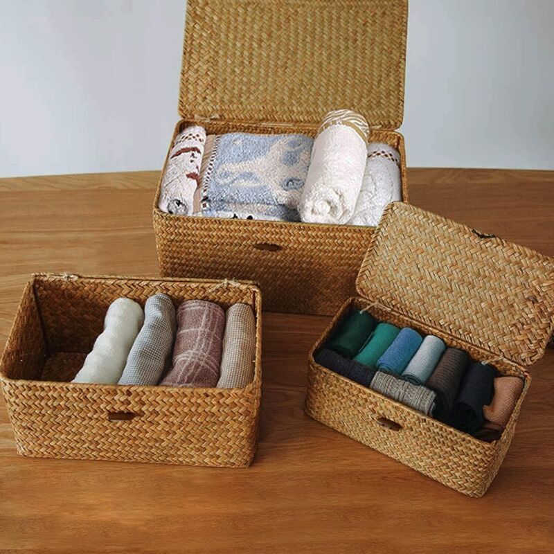 Panier de rangement en jonc de mer avec couvercle, petit panier en osier, boîte de rangement en rotin naturel, panier à linge, osier - 4