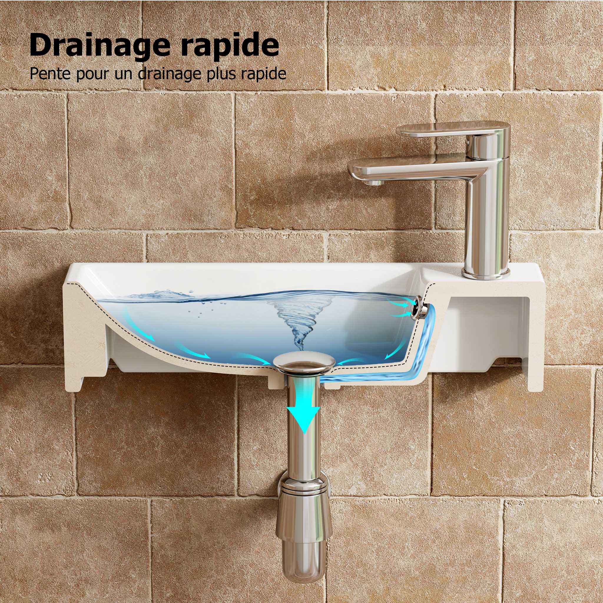 Lavabo mural, vasque à poser, lave-mains mural, vasque 45,4 x 22,6 x 12,9 cm avec trou pour robinet et trop-plein HOROW - 6