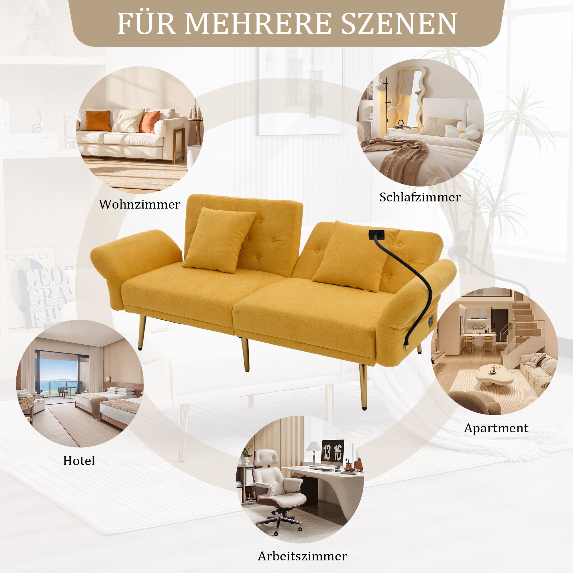 Canapé convertible - Dossier réglable et ports USB - 2 places - Chenille - Jaune (173x78x78cm) - 7