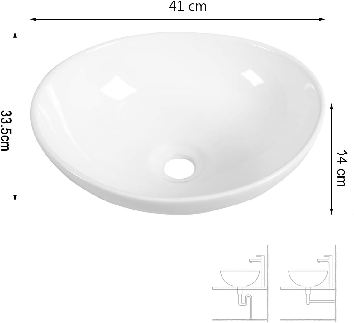 Vasque à Poser, Combinaison de Drainage Pop-Up, Lavabo Ovale, Évier en Céramique Moderne pour Salle de Bain, Hôtels, 41 x 33,5 x 14 CM Blanc - 2