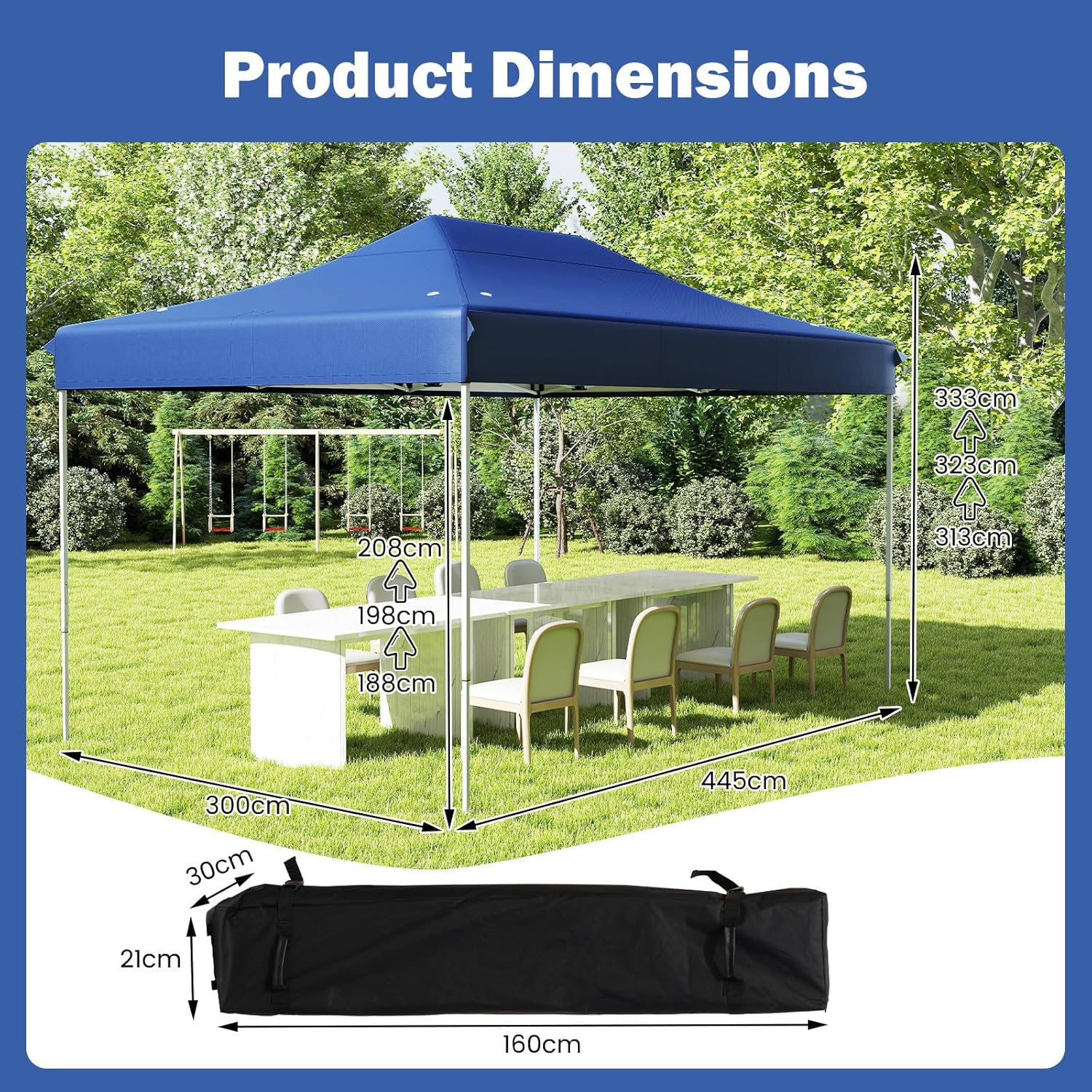 Tonnelle de Jardin Exterieur 445X300CM, Tonnelle Pliante pour 10-12 Personnes, Imperméable, Réglable 313/323/333CM, Abri Solaire(3x4,45 M-Bleu) - 5