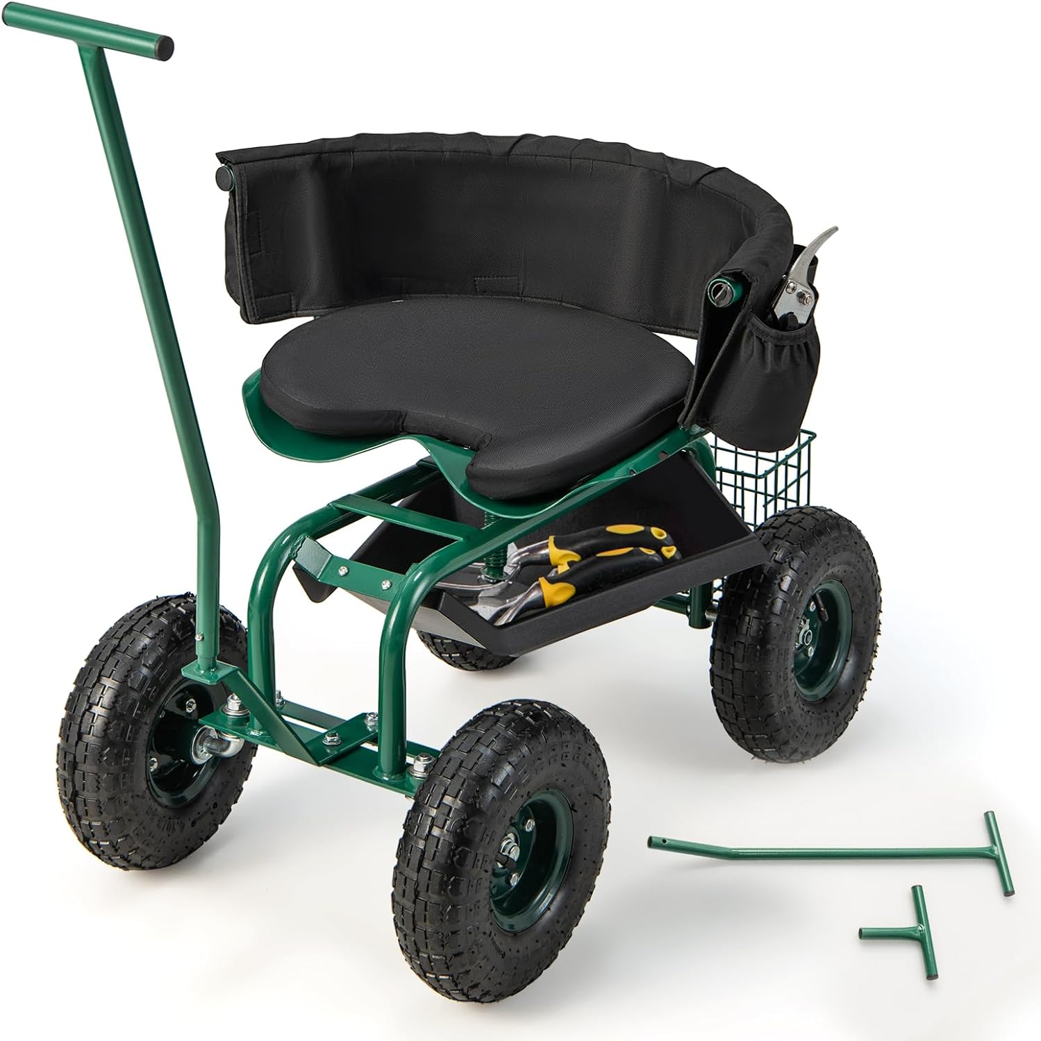 Siedzisko na kółkach z kółkami, obracane o 360° | z regulacją wysokości, mobilne siedzisko ogrodowe z uchwytem kierowniczym i koszem,