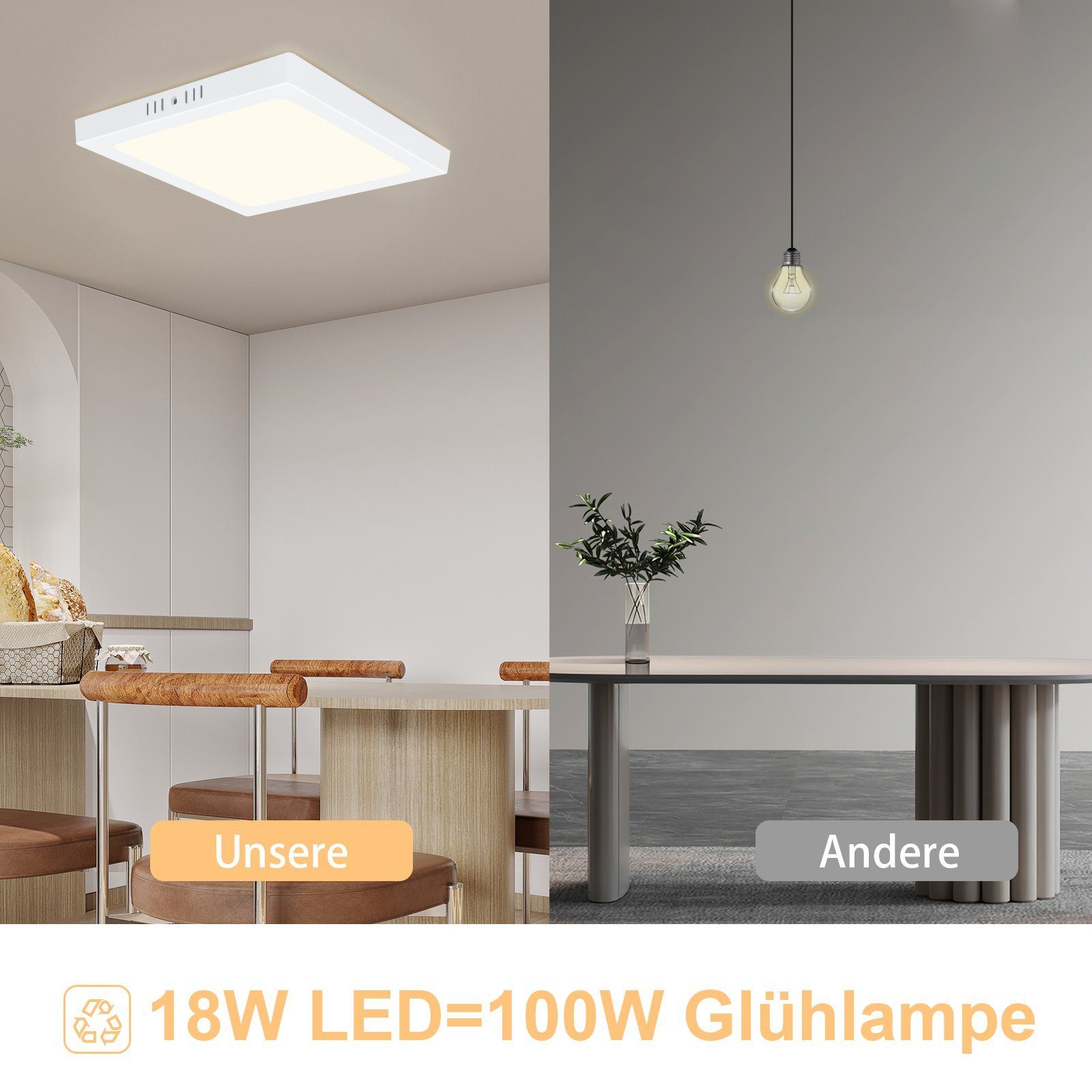 NETTLIFE Plafón LED Pack de 2, Cuadrado 23cm 18W, 4000K Blanco Neutro, Lámpara IP44 Impermeable para Baño, Cocina, Dormitorio y Oficina. - 2