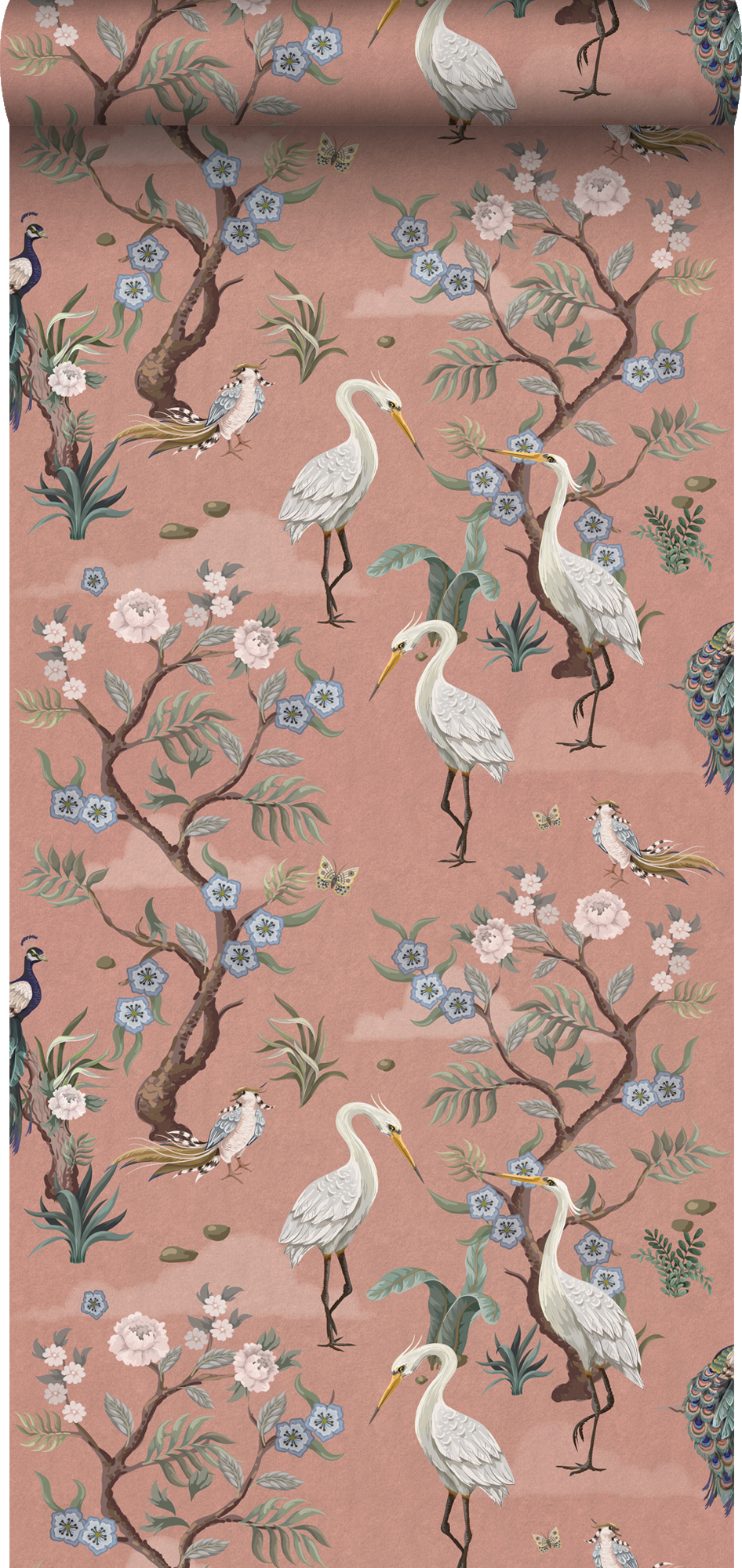 Papel pintado pájaros grulla rosa viejo - 50 x 900 cm - estahome