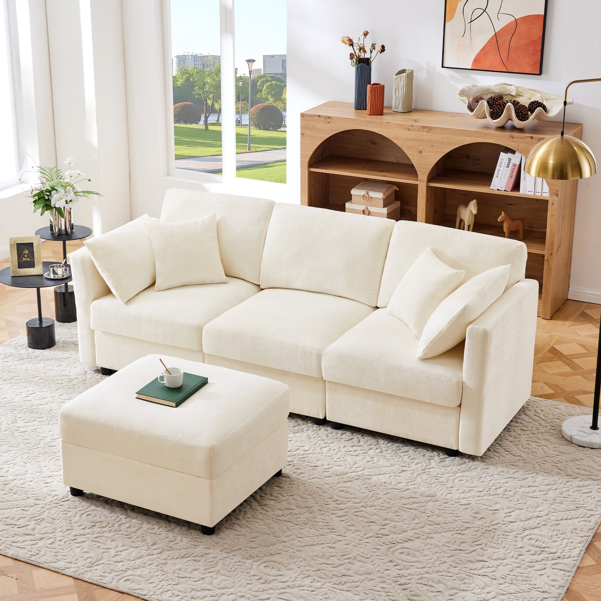 Divano angolare 3 posti con poggiapiedi e braccioli regolabili - 218 x 156,5 x 86 cm - Tessuto ciniglia - Beige - 7