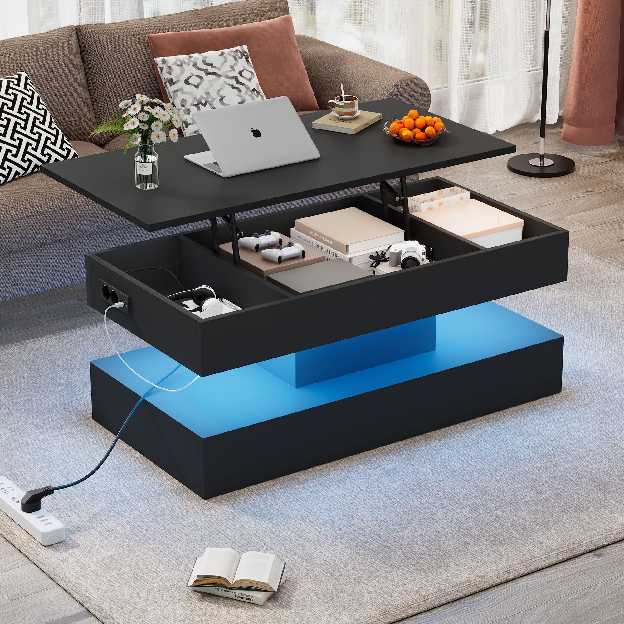 Table basse relevable avec prises USB et cahrge - 100 x 50 x 42 cm - LEDs - Panneau de particules - Noir - 7