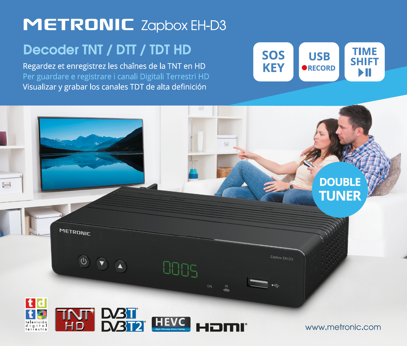 METRONIC 441622 ZAPBOX EH-D2 Decodeur TNT HD - Double Tuner USB - 8