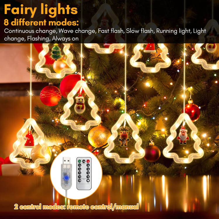 Kurtyny świetlne LED – z dekoracjami świątecznymi – kurtyna świetlna LED – 8 trybów oświetlenia – zasilanie USB – na imprezę i do ogrodu – 3 m – ciepł - 3