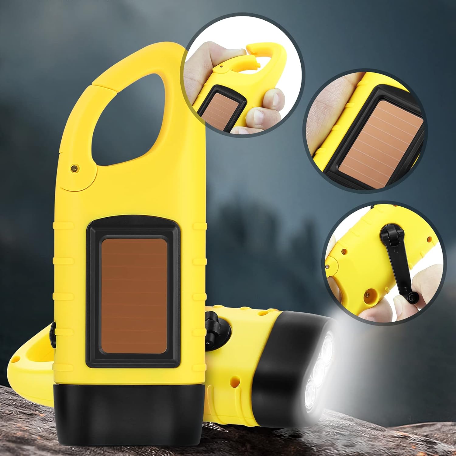 Lot de 2 lampes de poche solaires-jaune, lampe de poche rechargeable à manivelle, lumière de secours pour activités de plein air - 5