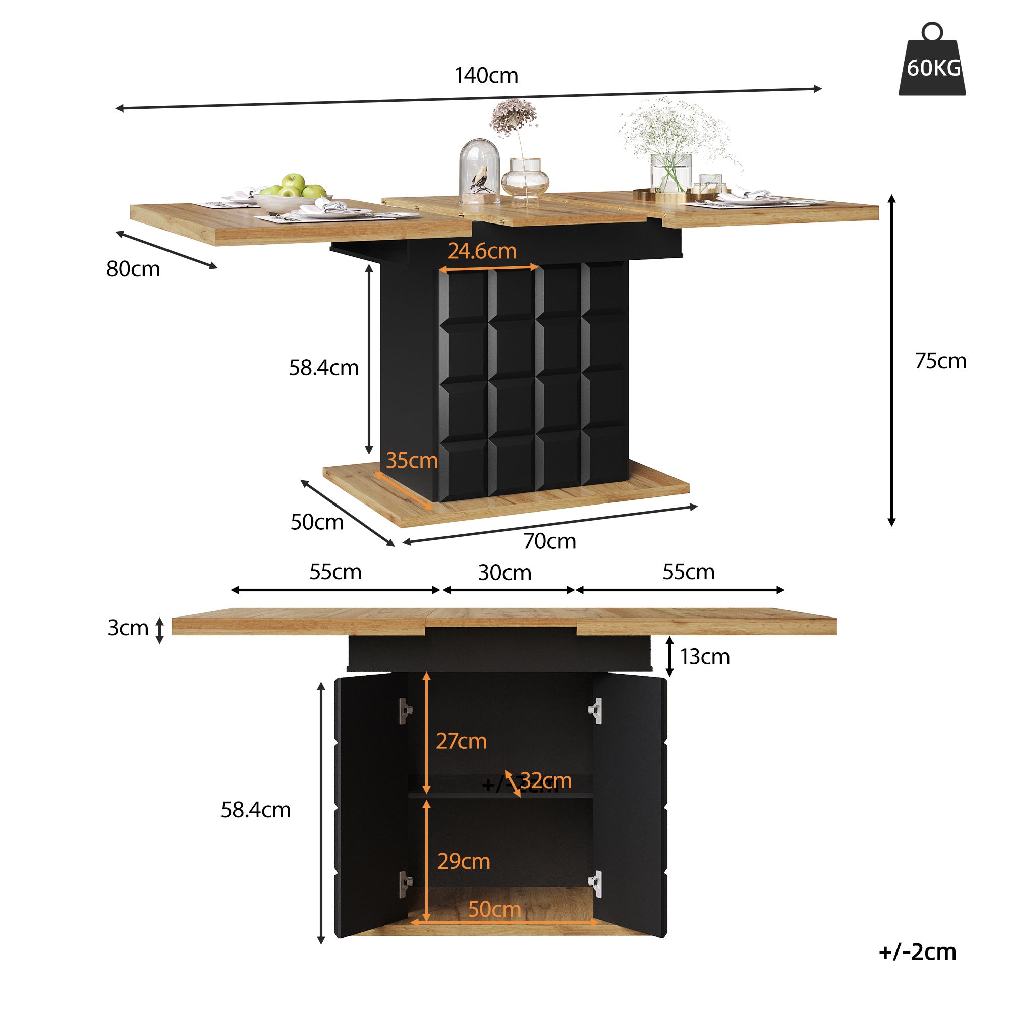 Table à manger extensible 4 à 6 couverts avec 2 portes - 110/140 x 80 x 75 cm - MDF - Noir + naturel - 7