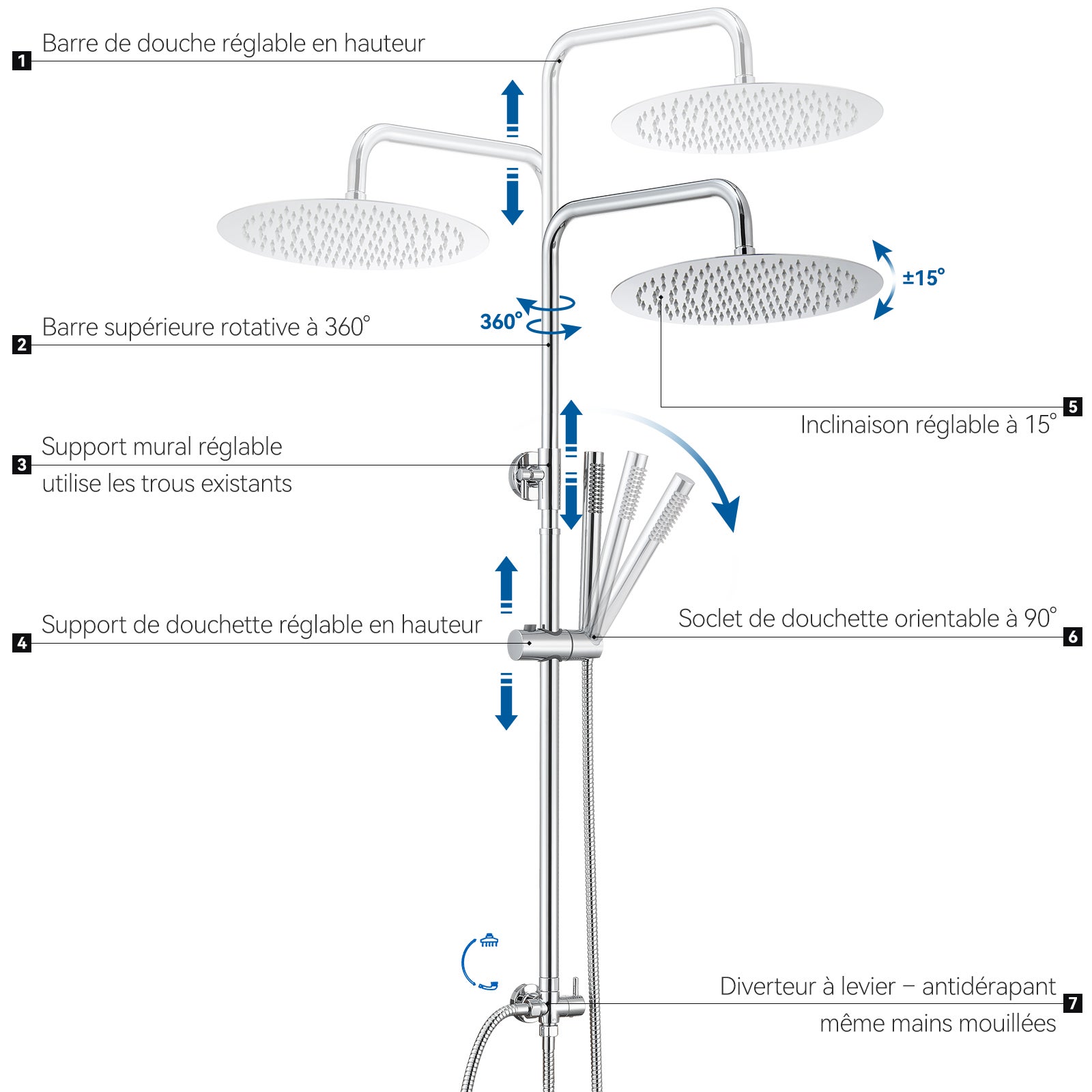 Auralum max Colonne Douche Chromé sans Mitigeur Ensemble Douche avec Douchette,Réglable hauteur avec Tête Douche Ronde 30*30cm,Acier Inoxydable - 5