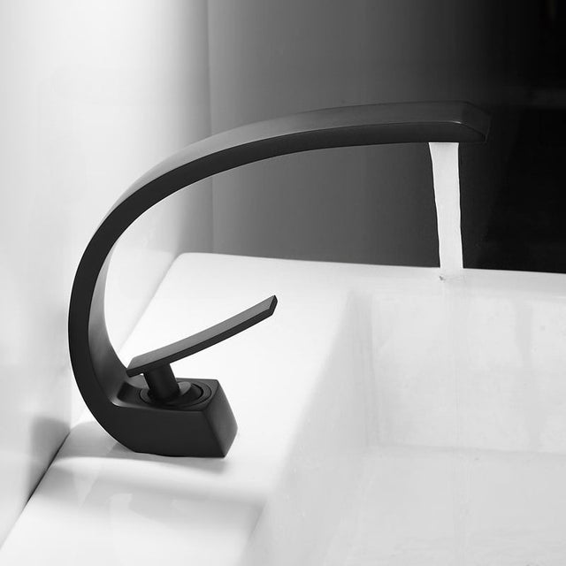 Robinet de salle de bain en laiton avec aérateur à bulles, robinet de lavabo à bec incurvé, mitigeur monotrou à poignée unique, arc bas, noir