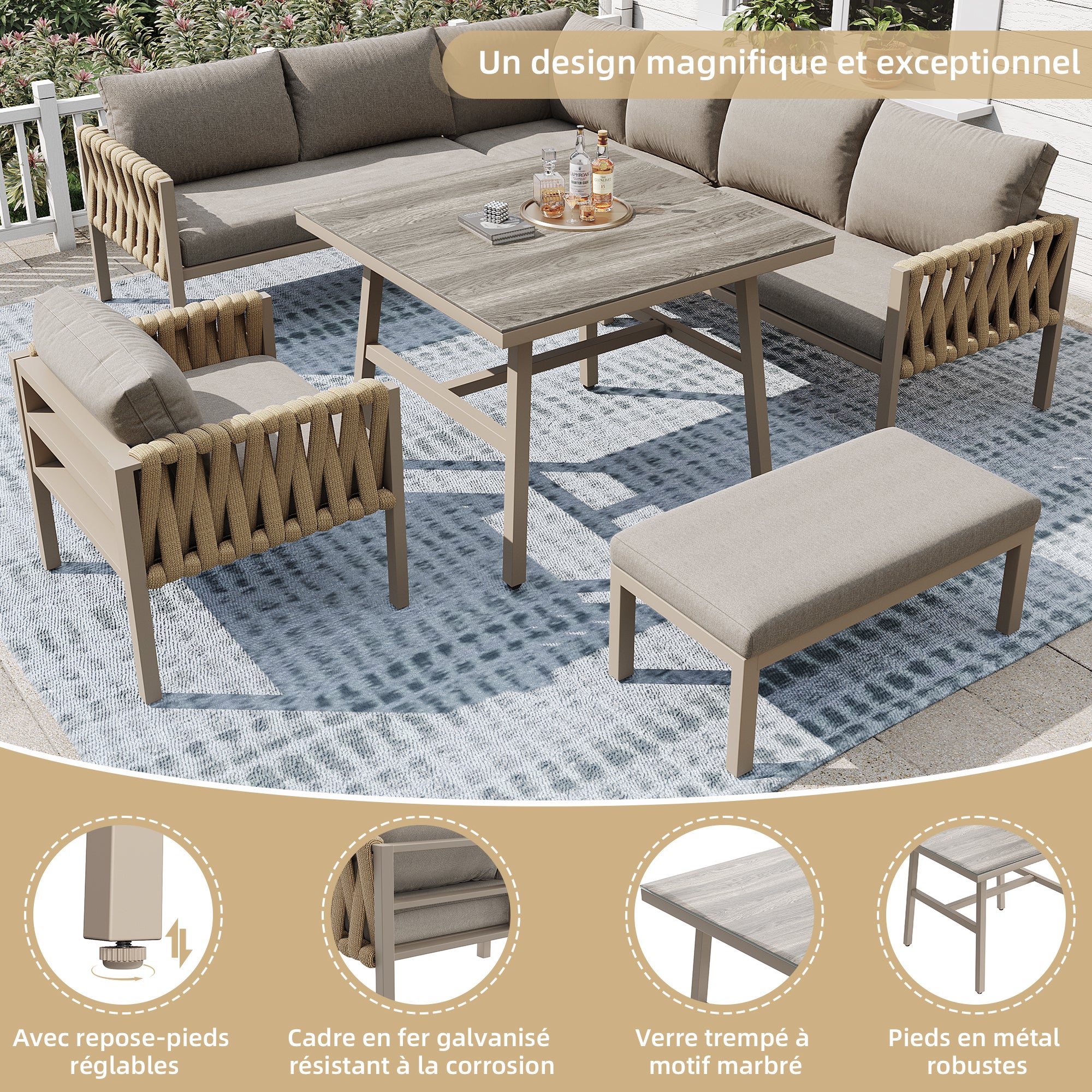 Ensemble de salle à manger de jardin - en corde - avec structure en fer galvanisé, pieds réglables, canapé d'angle, 1 fauteuil, 1 tabouret, Beige - 6