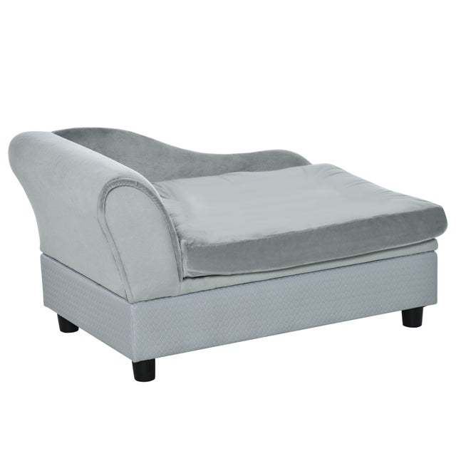 PawHut Divano per Cani con Spazio Portaoggetti e Cuscino, in Legno e Poliestere, 76x45x43 cm, Grigio Chiaro