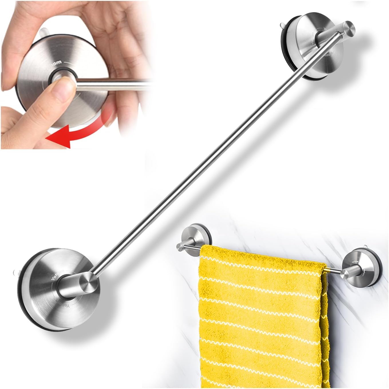 Porte-serviettes à Ventouse Double Barre - Blanc - Pour Salle De Bain Sans Perçage - Avec Crochets - 4