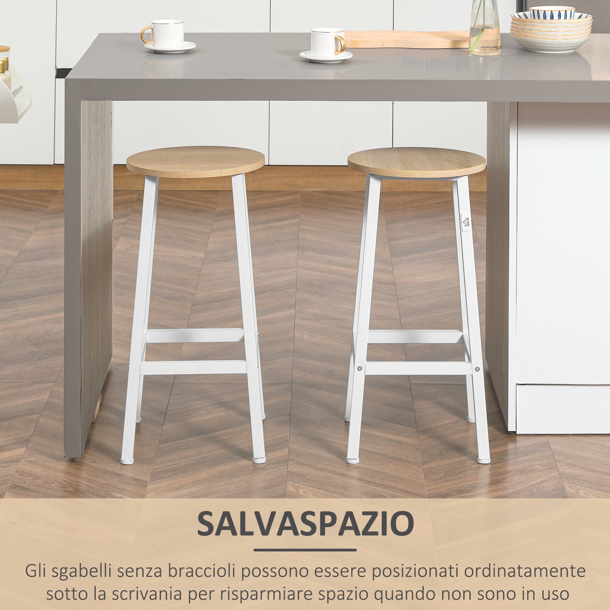 HOMCOM Set 2 Sgabelli da Cucina in Legno e Acciaio con Piano Liscio e Poggiapiedi, 32.5x32.5x65cm, Bianco e Color Legno - 4