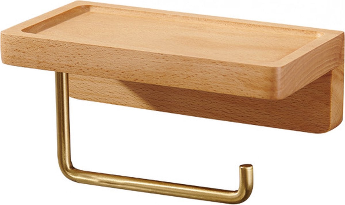 Suport pentru hârtie igienică cu raft, Suport pentru hârtie igienică fără capace, Lemn, Autoadeziv, Culoarea lemnului, 18 cm