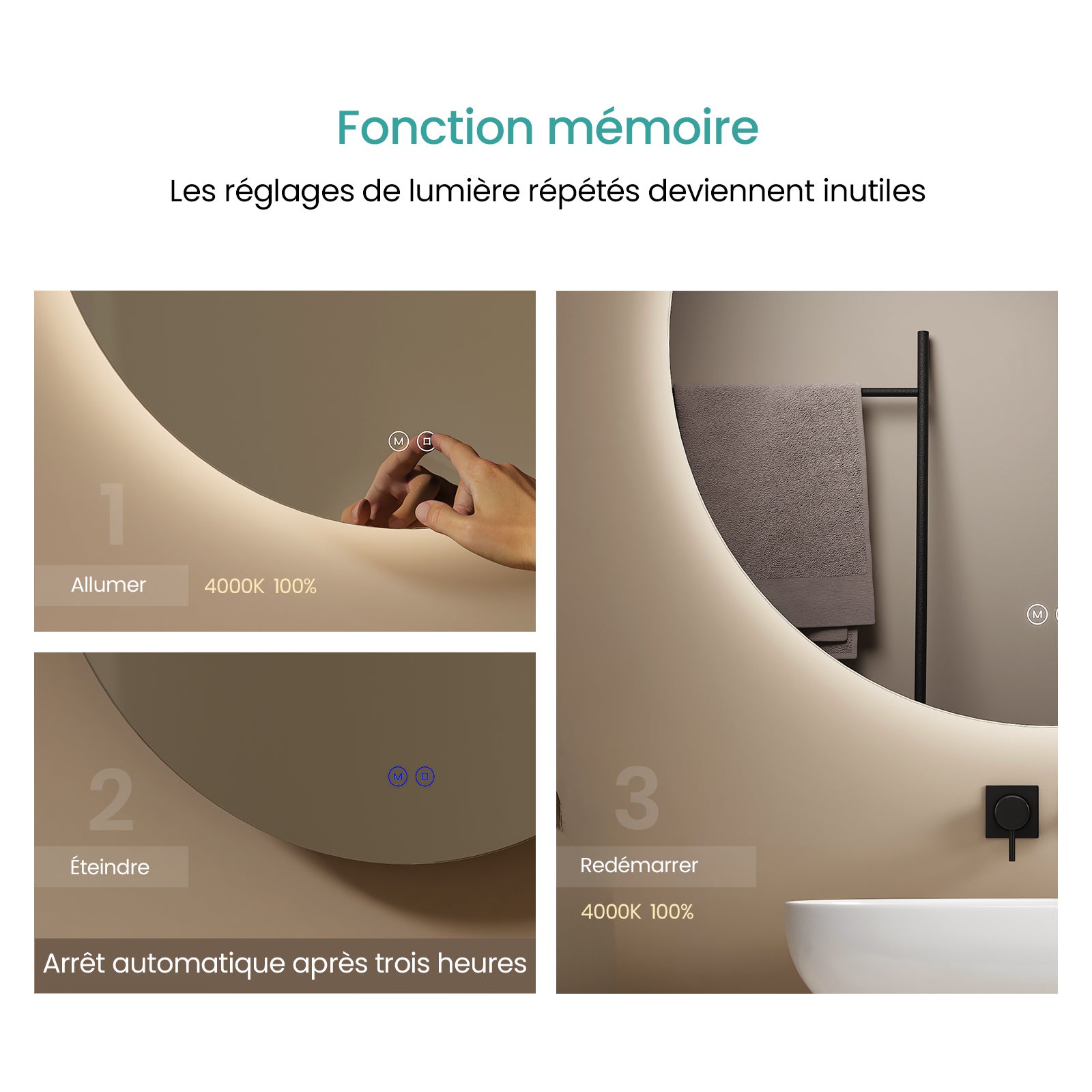 EMKE Miroir de Salle de Bain LED Rond Ø 70 cm, Sans Cadre, 3 Couleurs, Intensité Réglable, Design Épuré - 4