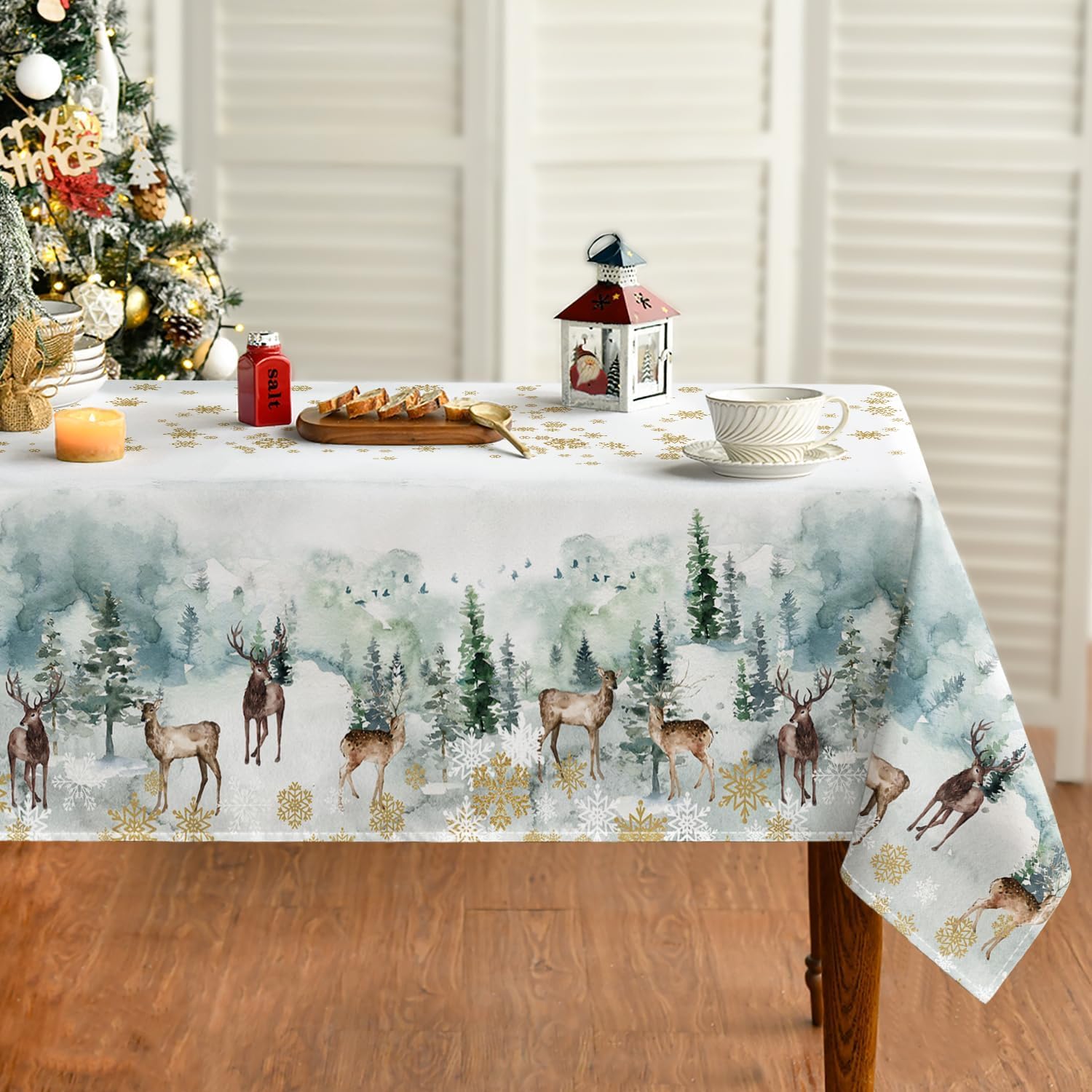 Obrus świąteczny ze złotymi płatkami śniegu, 150 x 260 cm, wzór zimowych ptaków, plamoodporny, obrus kuchenny, dekoracja na imprezę