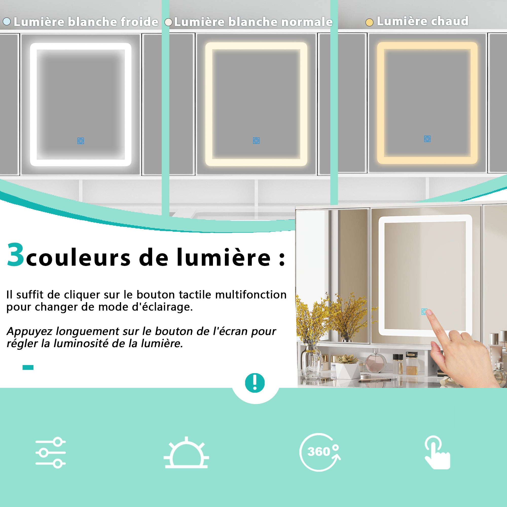 Coiffeuse avec miroir en MDF Blanc H. 137.0 x l. 110.0 x P. 50.0 cm - 3