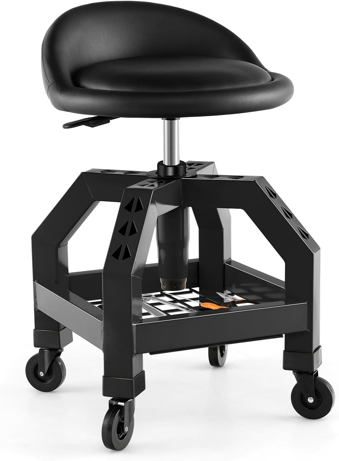 stołki Warsztatowy z 4 Kółkami, Regulowanej Wysokości 67-80 cm i Półką na Narzędzia, Nośność 150 kg, Obrotowe Siedzisko do Warsztatu (Czarny)
