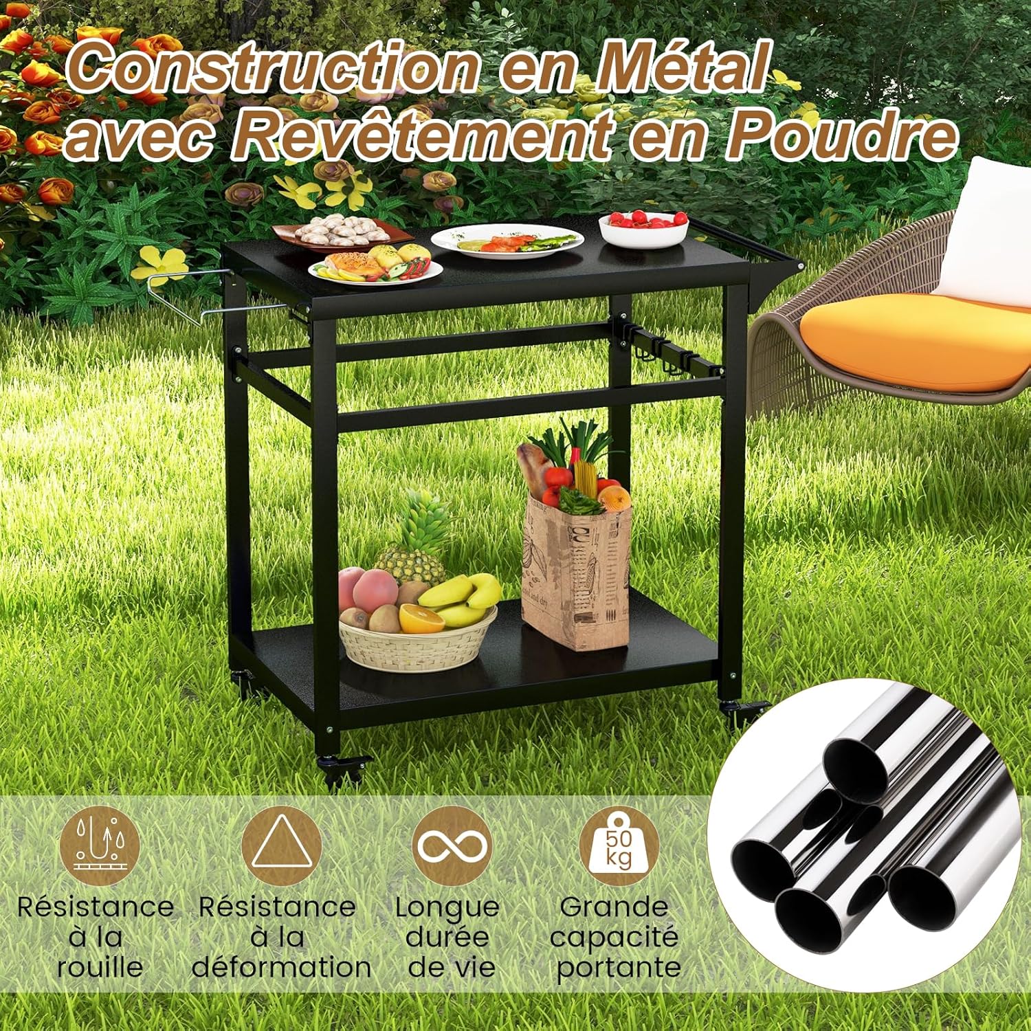 Desserte Jardin, Chariot de Barbecue avec 4 roulettes Verrouillables, Desserte Extérieur pour Barbecue, Plancha avec 4 Crochets et Étagère - 5