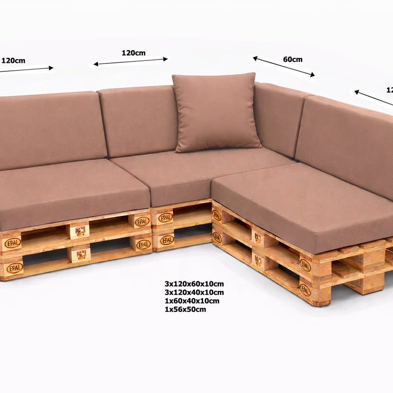 Zestaw 8 poduszek na palety ogrodowe 120×60×10 cm – siedzisko i oparcie 120×40×10 cm, poduszki na meble ogrdowe, beżowe