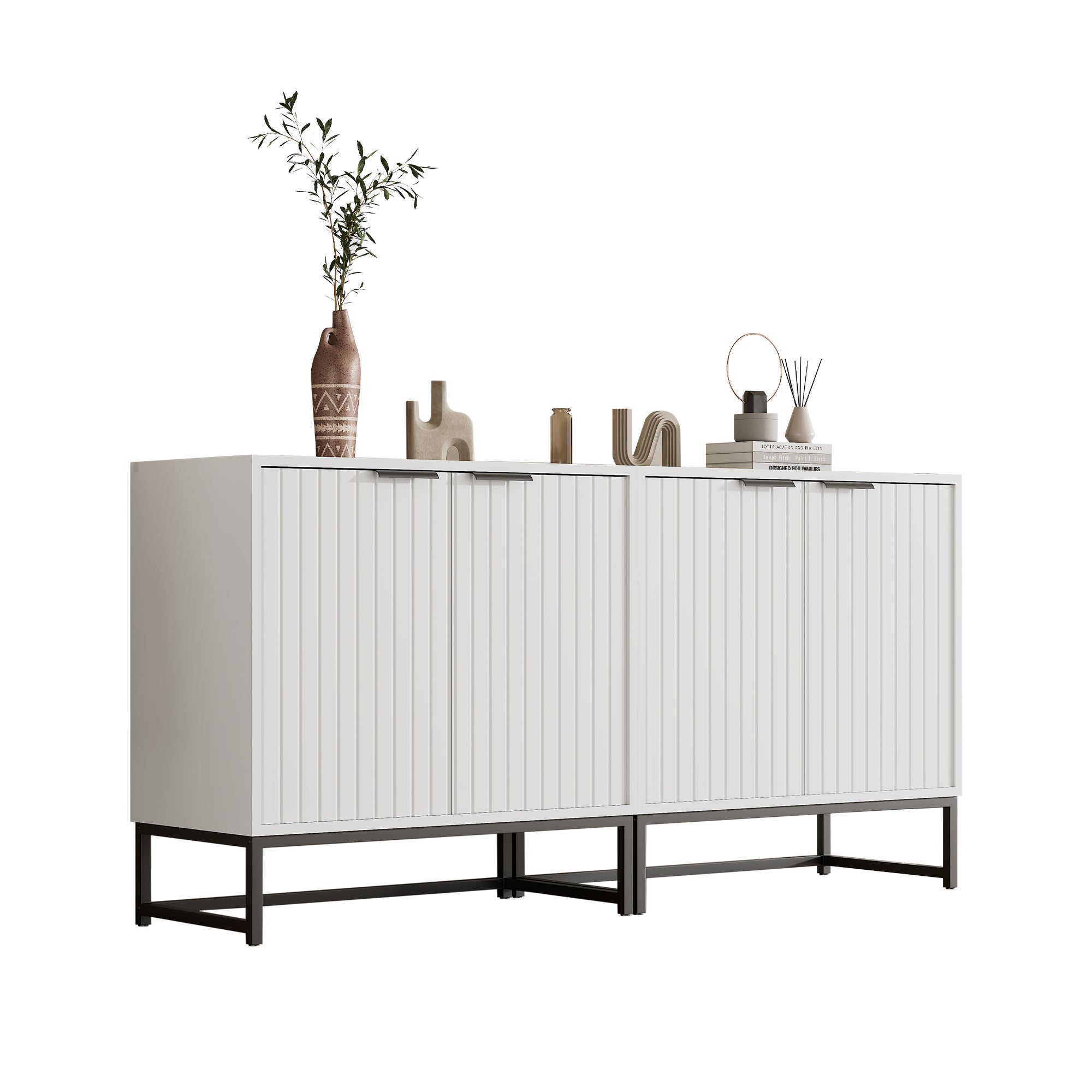 Buffet moderne à 4 portes, buffet avec poignées et pieds en métal, 160x40x80,5 cm, panneaux de particules, blanc - 9