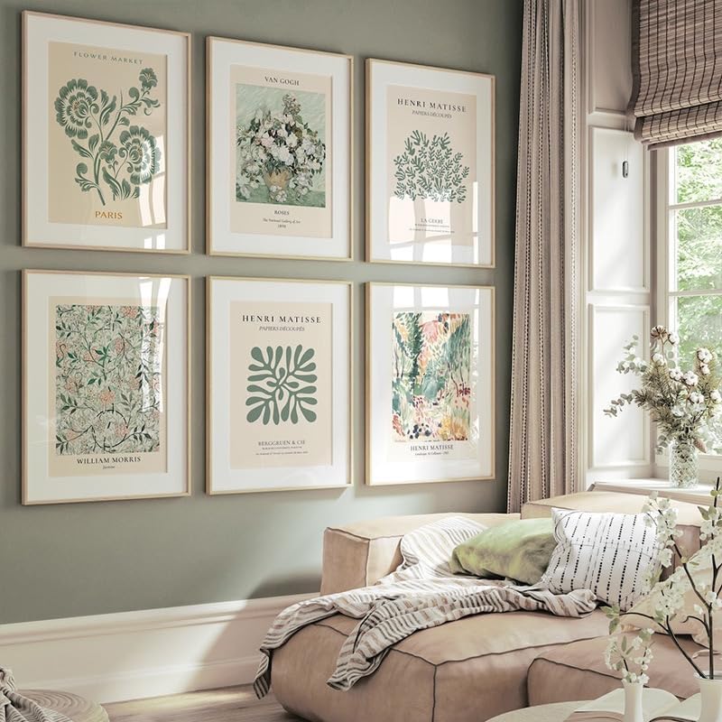 Lot de 6 impressions sur toile vert sauge, style vintage esthétique, décoration murale salon chambre à coucher, sans cadre, 20×25 cm - 2