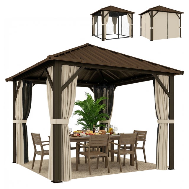Pavillon de jardin env. 3 x 3 m en aluminium, toit rigide acier, 4 panneaux latéraux avec moustiquaire, UPF50+