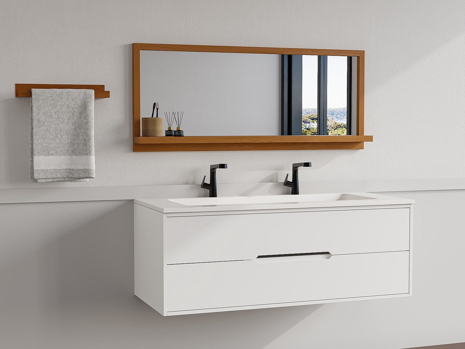 Miroir mural avec tablette en bois de chêne - L. 120 x H. 50 cm - Naturel - JIAO - 4
