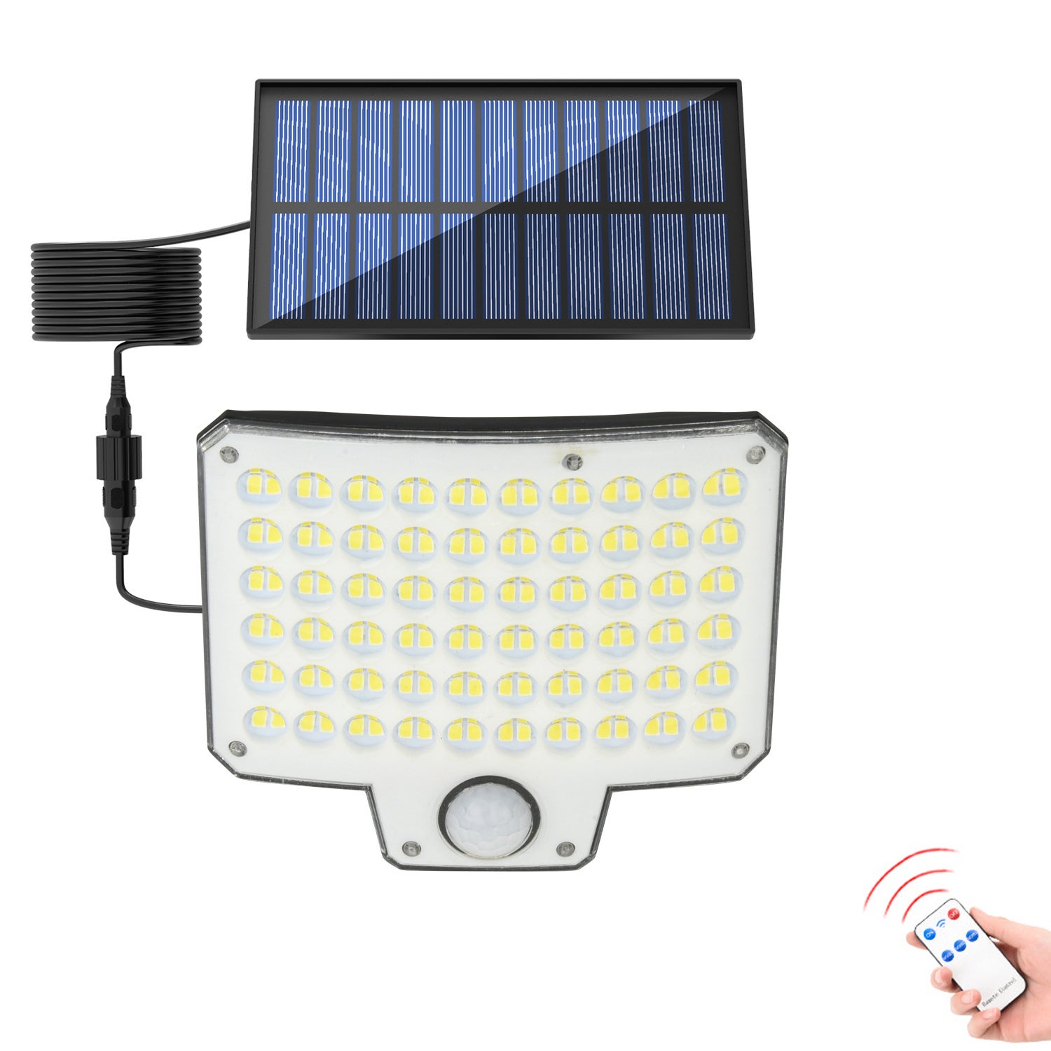 Zewnętrzna lampa solarna, 240 LED, 300 lumenów, czujnik ruchu i pilot zdalnego sterowania, wodoodporne reflektory solarne IP44