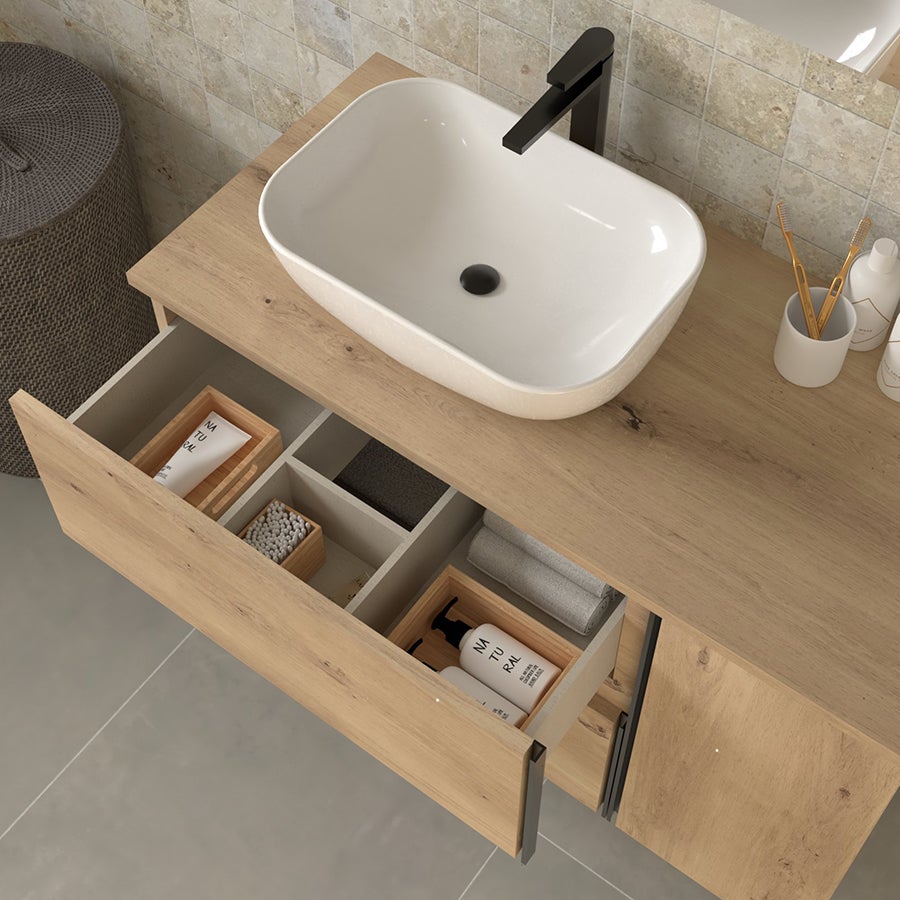 Meuble de salle de bain vasque déportée - 2 tiroirs - PRADO et miroir Led STAM - oak (chêne brut) - 100cm - 4