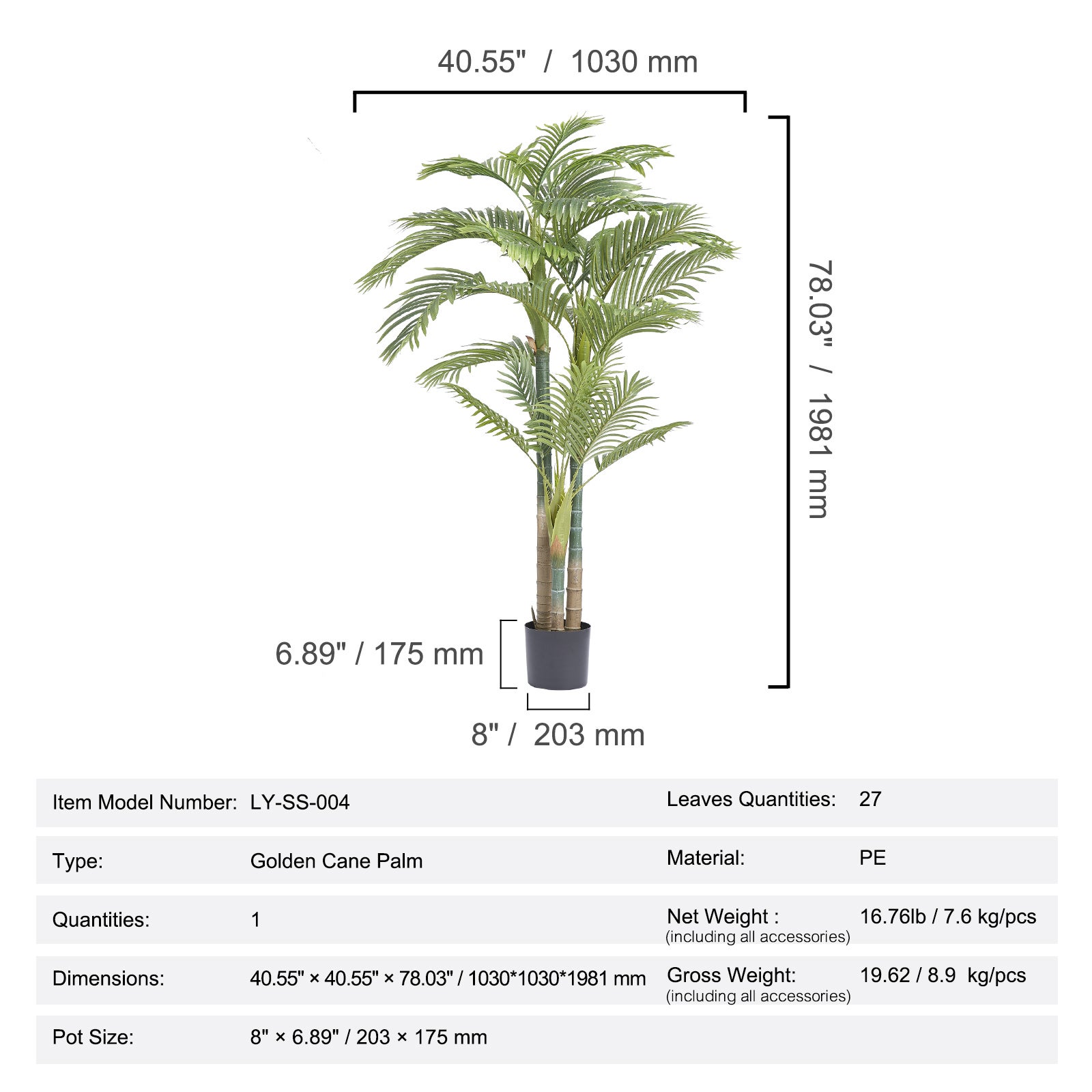 Palmera Artificial Caña Dorada 2m,SucceBuy Planta Falsa,Material PE,Decoración Realista de Bajo Mantenimiento para el Hogar,Oficina - 9