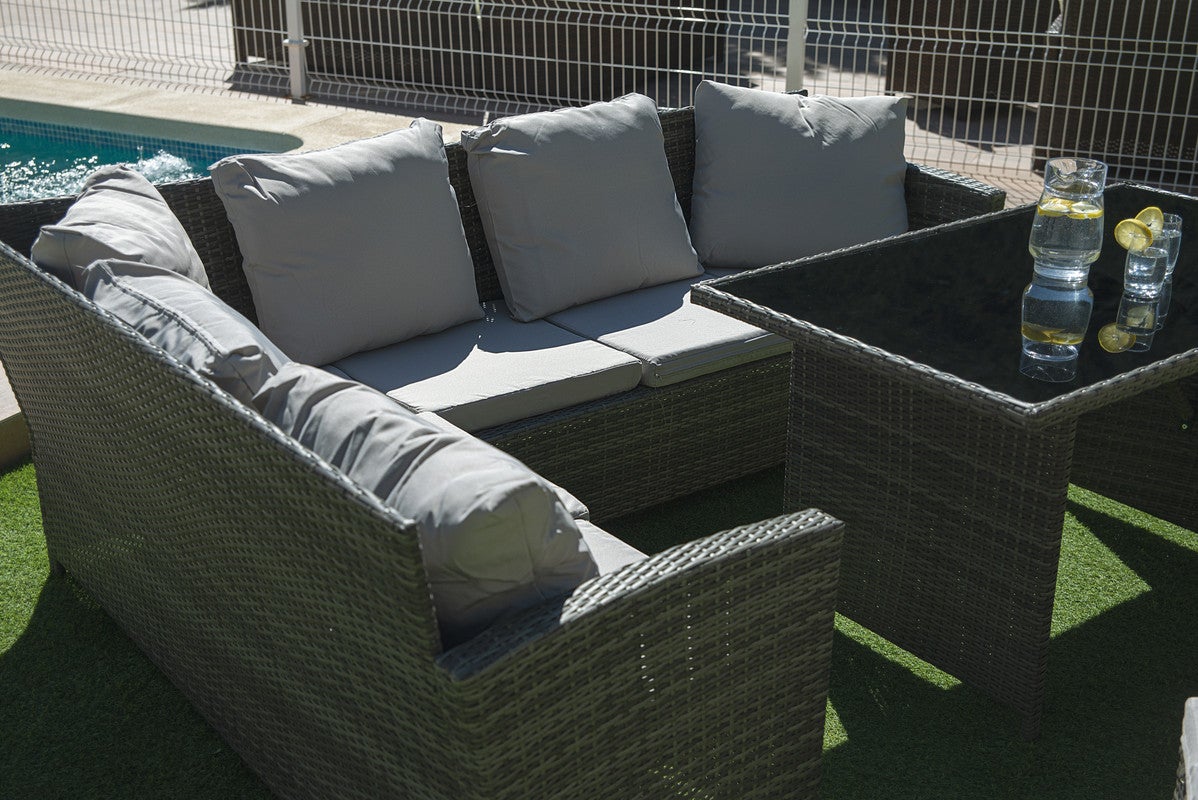 Sofa Rinconera + Mesa + 2 puffs de Ratan PE. Muebles de Jardin y Terraza, Gris - 3