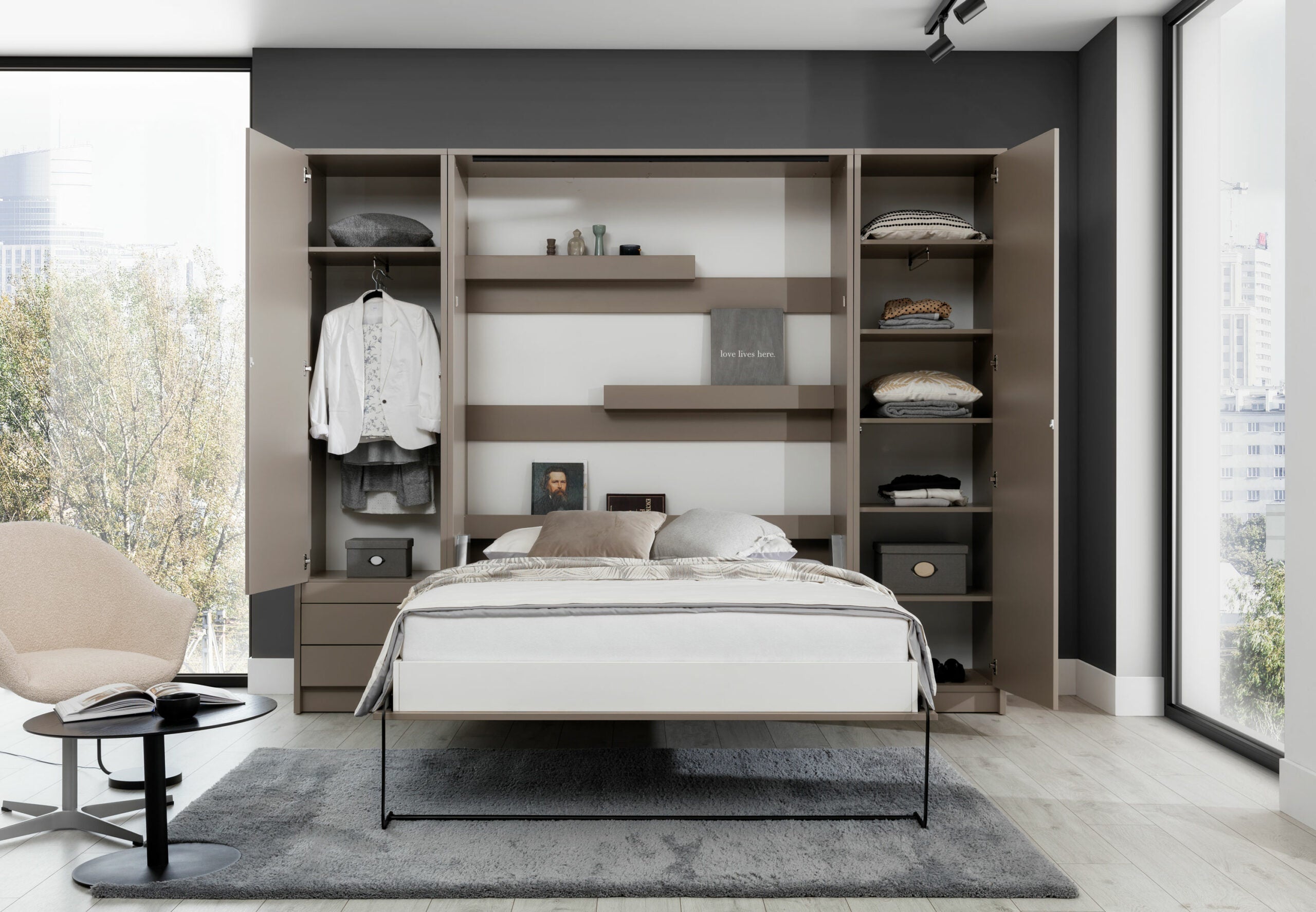 Lit escamotable vertical avec bureau 140 x 200 cm avec 2 armoires et 1 table de chevet ouverture pneumatique - taupe mat - LOLITA - 2