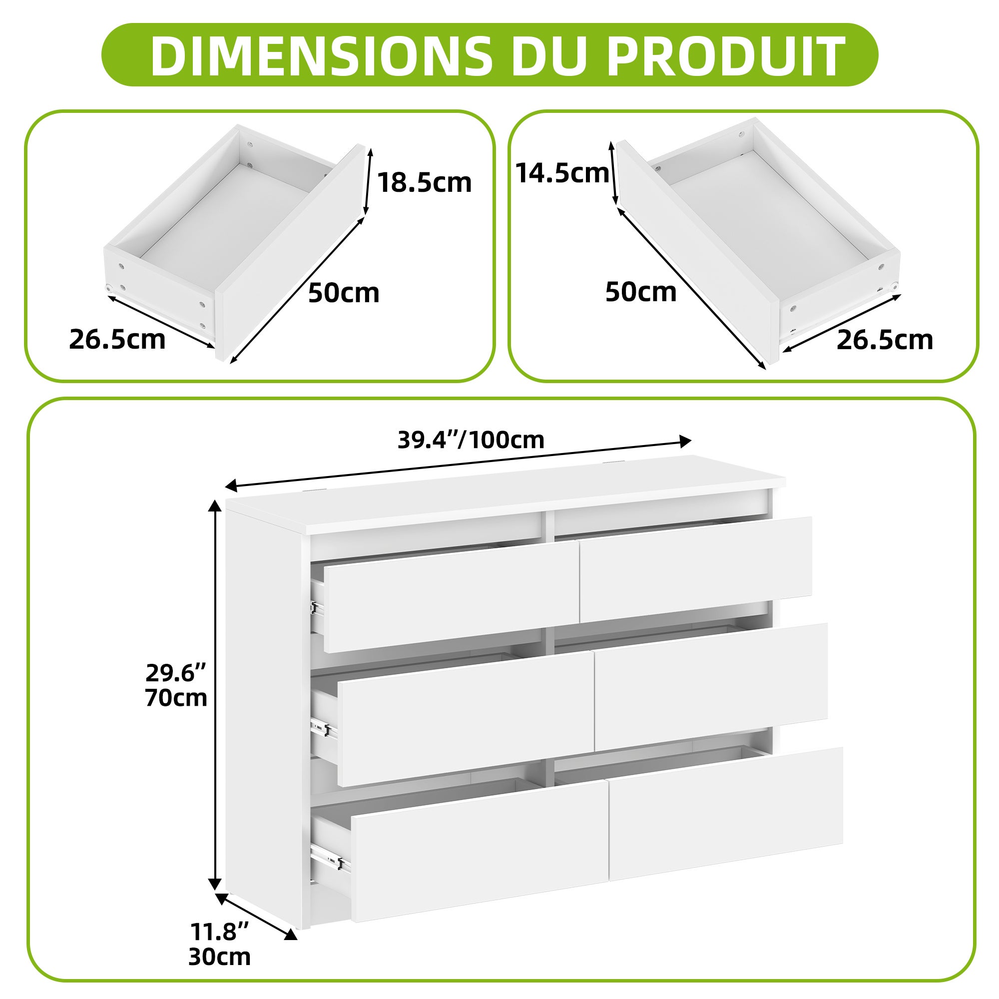YITAHOME Commode en Bois à 6 Tiroirs avec Glissières - Table de Chevet - 100 x 30 x 70 cm , Blanc - 4