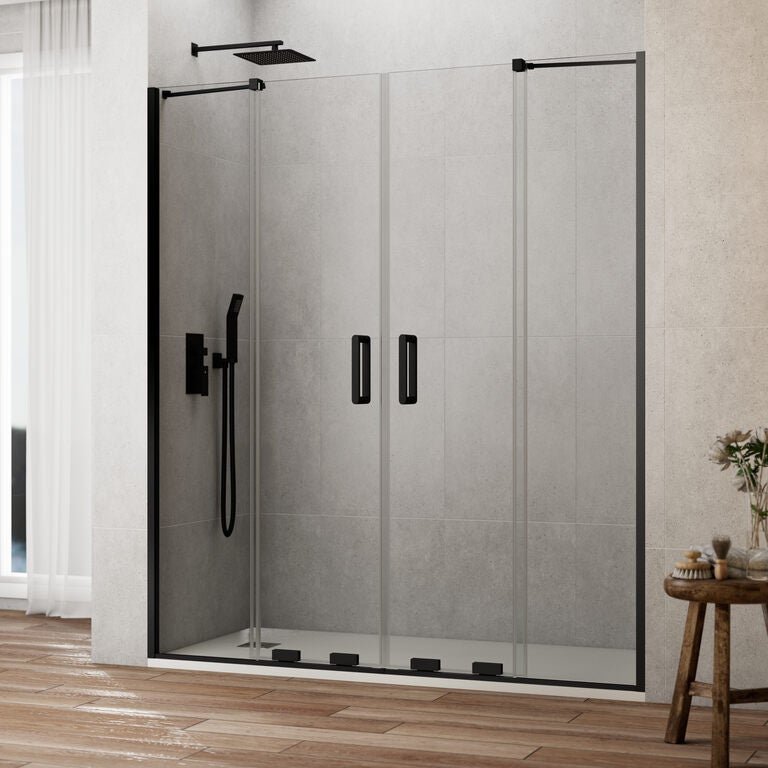 Paravan de duș frontal KENNA 2 panouri fixe + 2 uși glisante 180 cm (171-181) negru mat sticlă transparentă