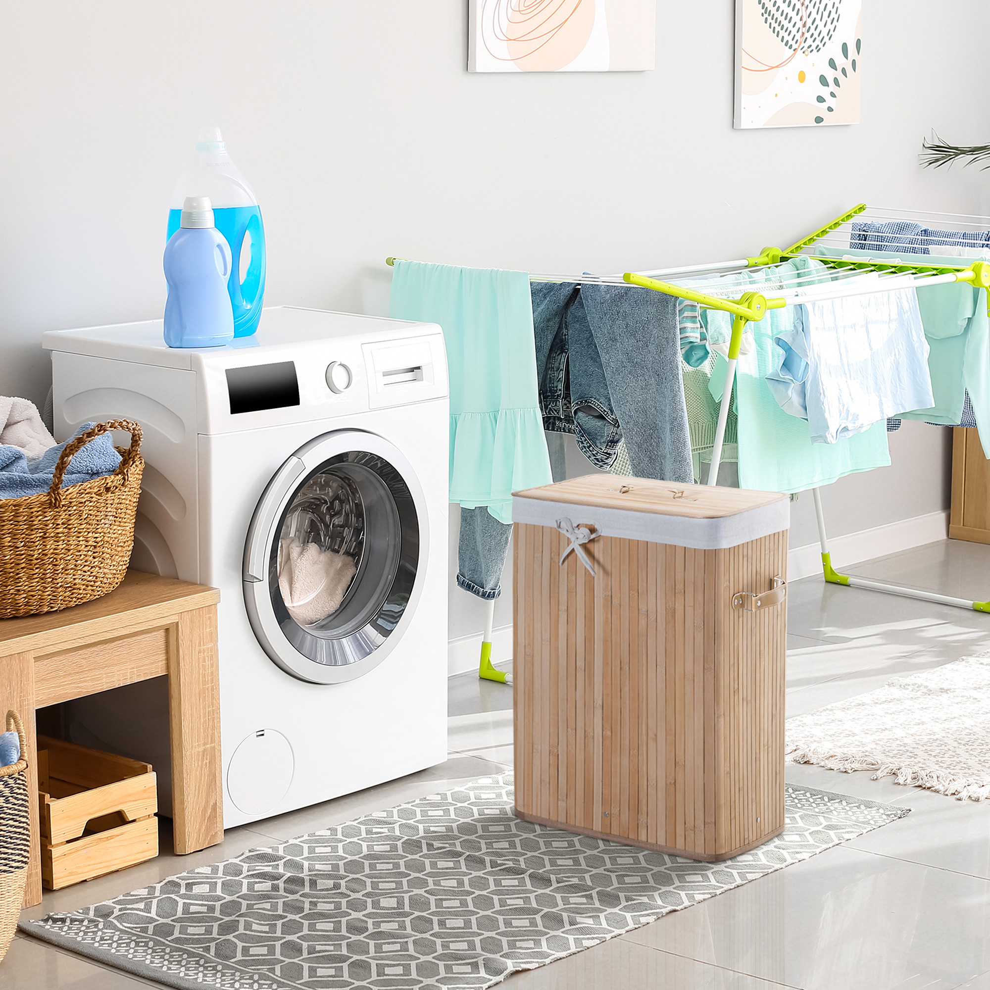 Cesto para Ropa Sucia HOMCOM Bambú, PU, bolsa de lona Bambú 40x30x60cm - 3