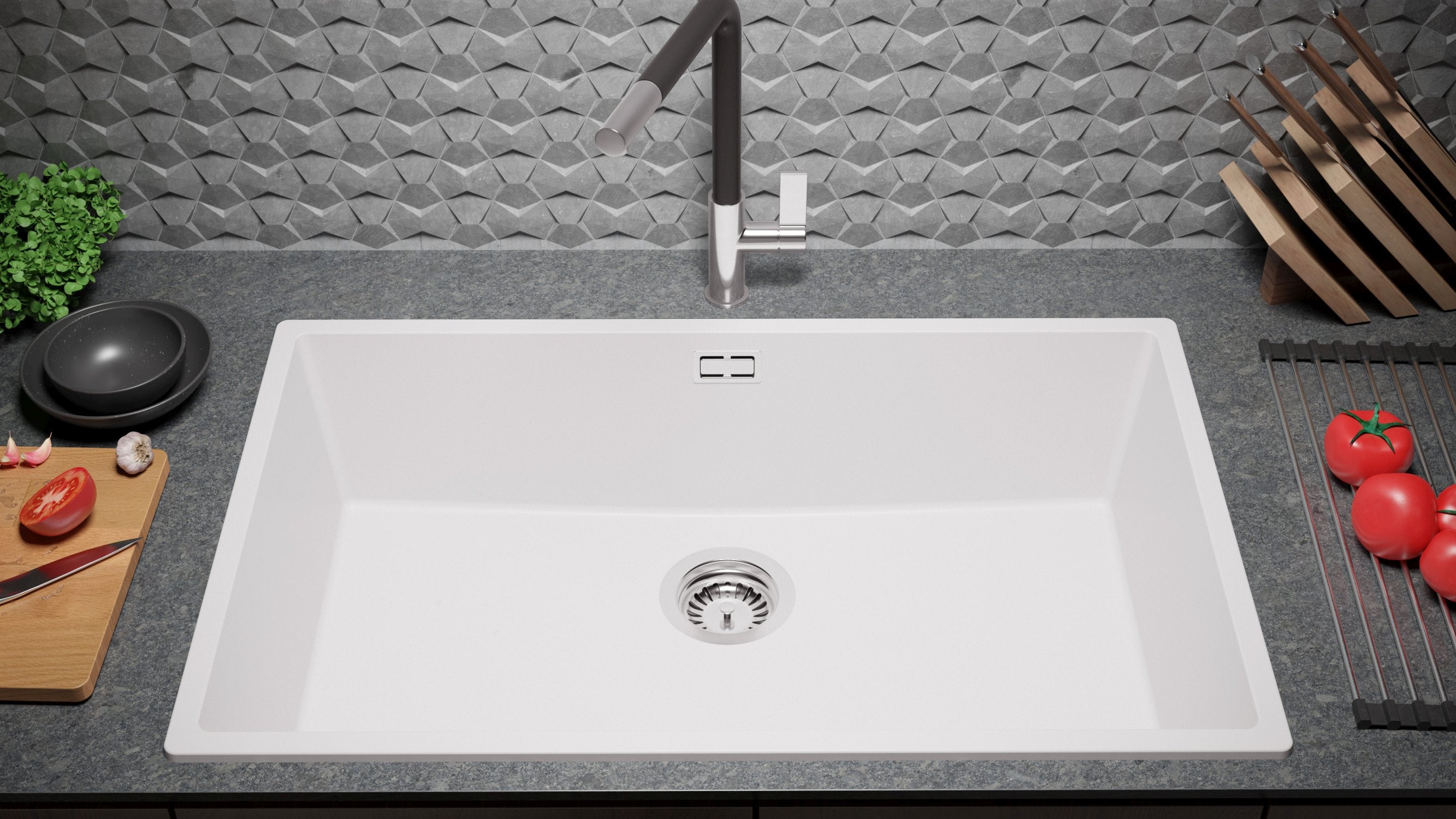 Lava-louça de pousar Branco 76x47cm, Pia de Cozinha 1 cuba + Kit de drenagem, Pia em Granito em armários de 80cm - Madrid PRIMAGRAN - 3