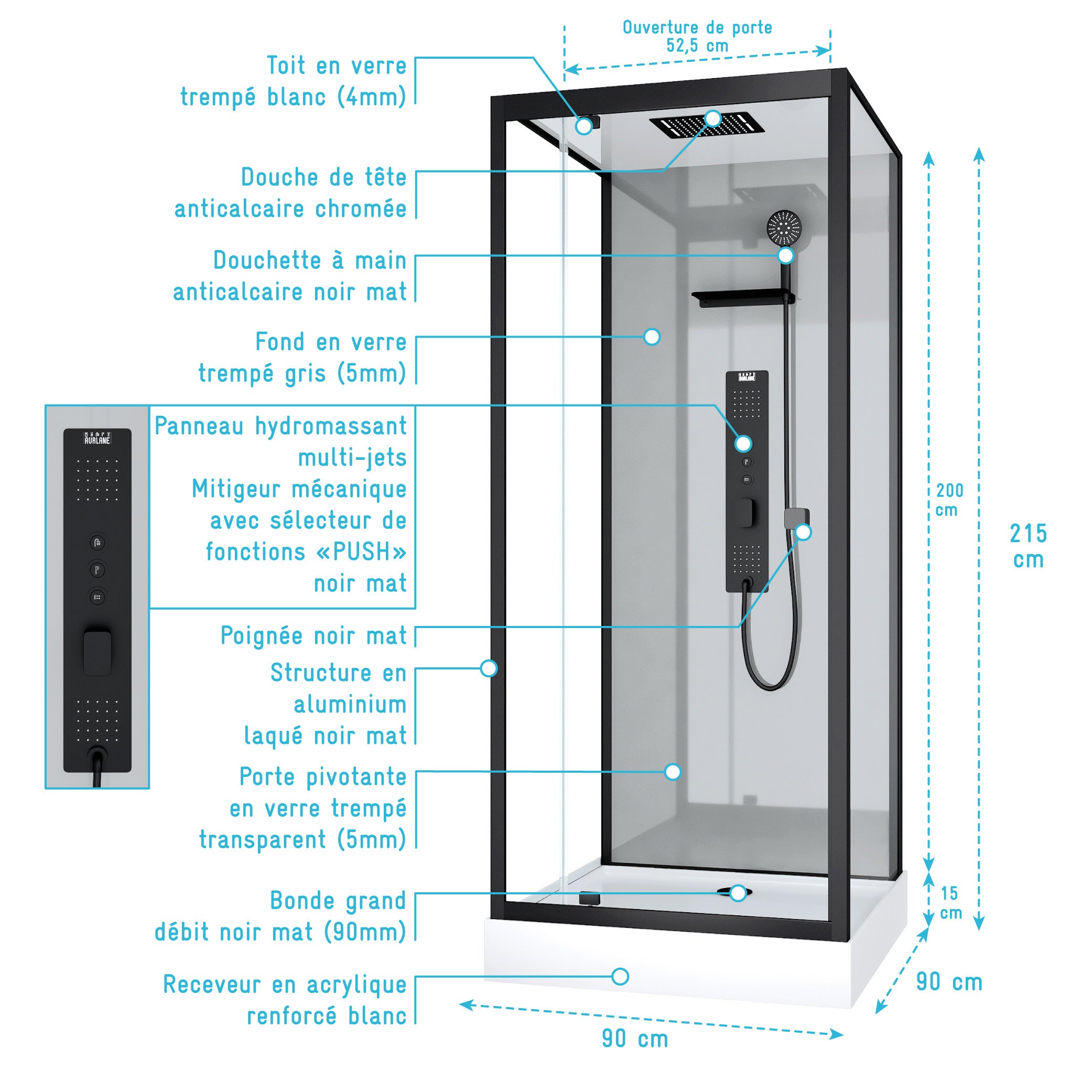 Cabine de douche Hydromassante 90x90x215 cm - Fonds Gris et Profilés Noir Mat - GREY STYLE - 4