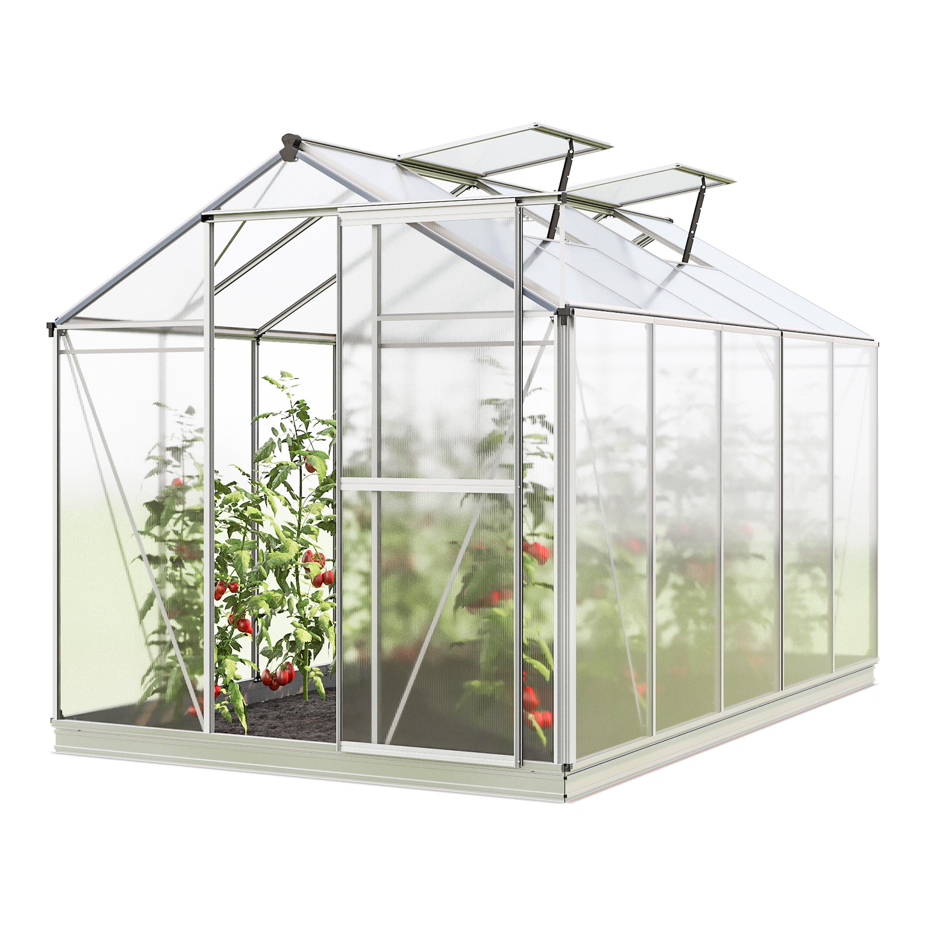 GFP Szklarnia Jasmin 5 rama aluminiowa 192 x 317 cm panele poliwęglanowe - z ramą fundamentową i 1 aut. mechanizm otwierania okien