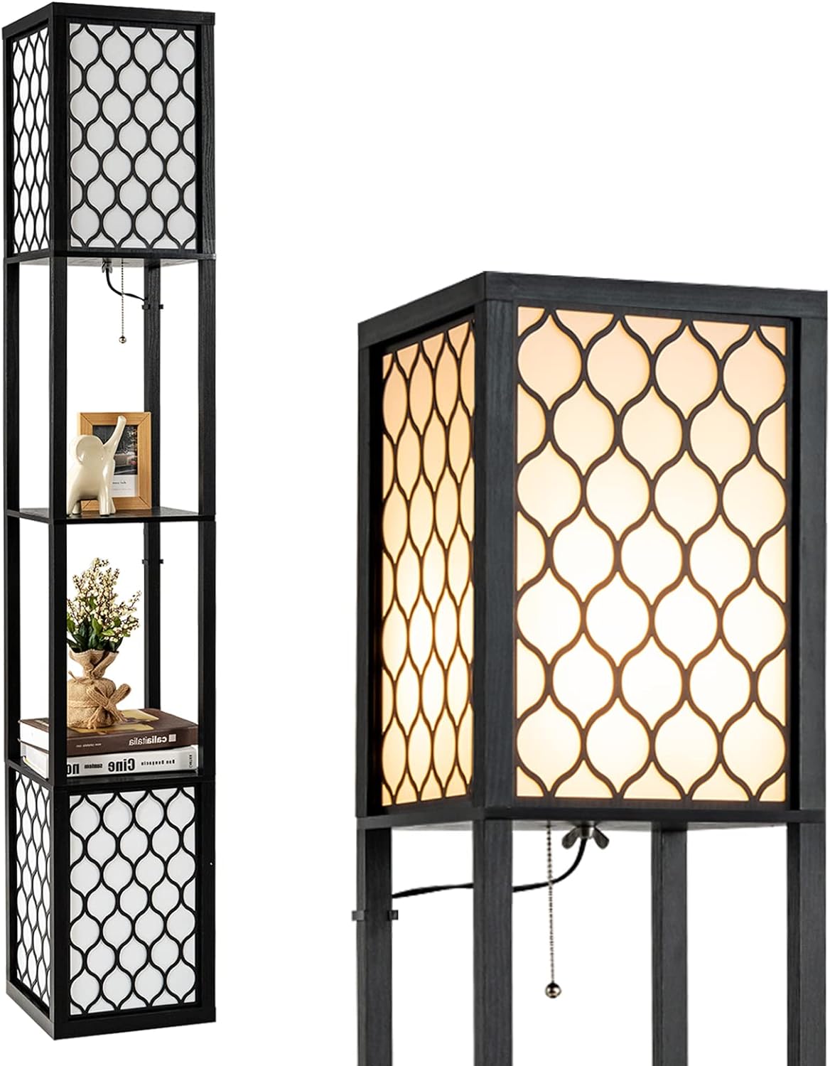 Lampa Stojąca do Salonu, Lampa Stojąca z Półką i 2 Gniazdami E27, 26 × 26 × 156,5 cm, Czarna