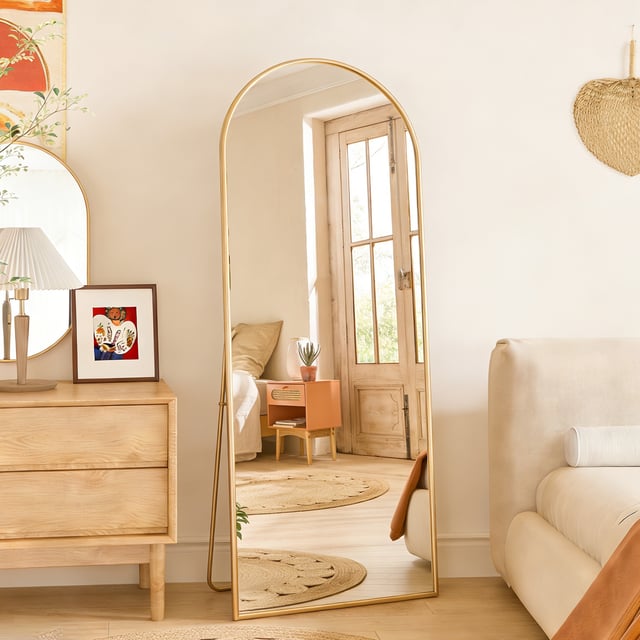 Miroir pleine longueur 164 x 54 cm, miroir arqué lisse avec cadre en aluminium, miroirs de sol ou mural HD suspendu ou contre le mur, Doré