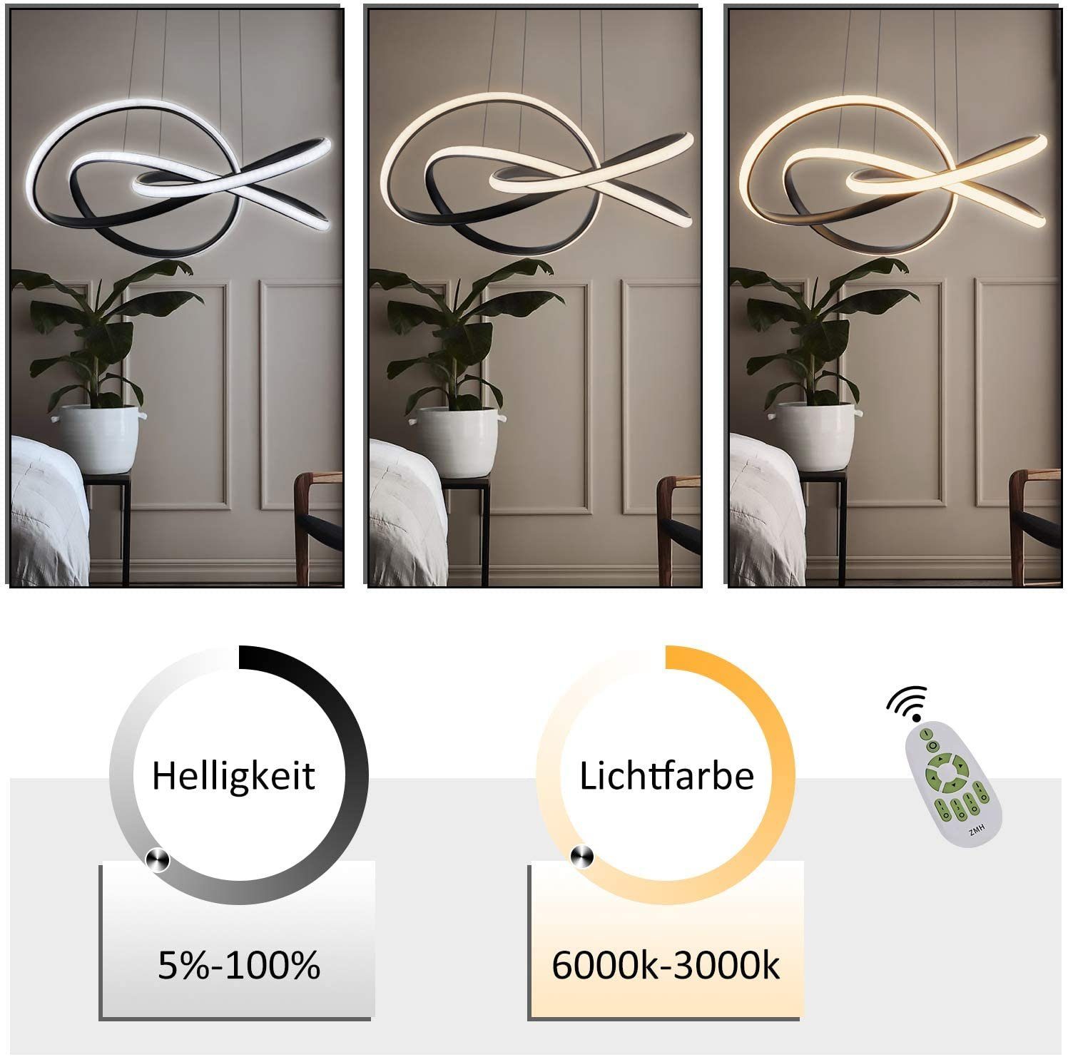 ZMH LED Suspension Lustre hauteur réglable 62W anneau pendentif télécommandé chambre à coucher - 5